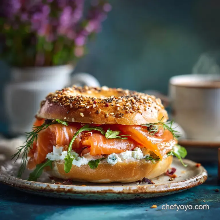 Smoked salmon bagel half with glistening salmon, dollops of cream cheese, dill sprigs, and capers arranged artfully on a w...