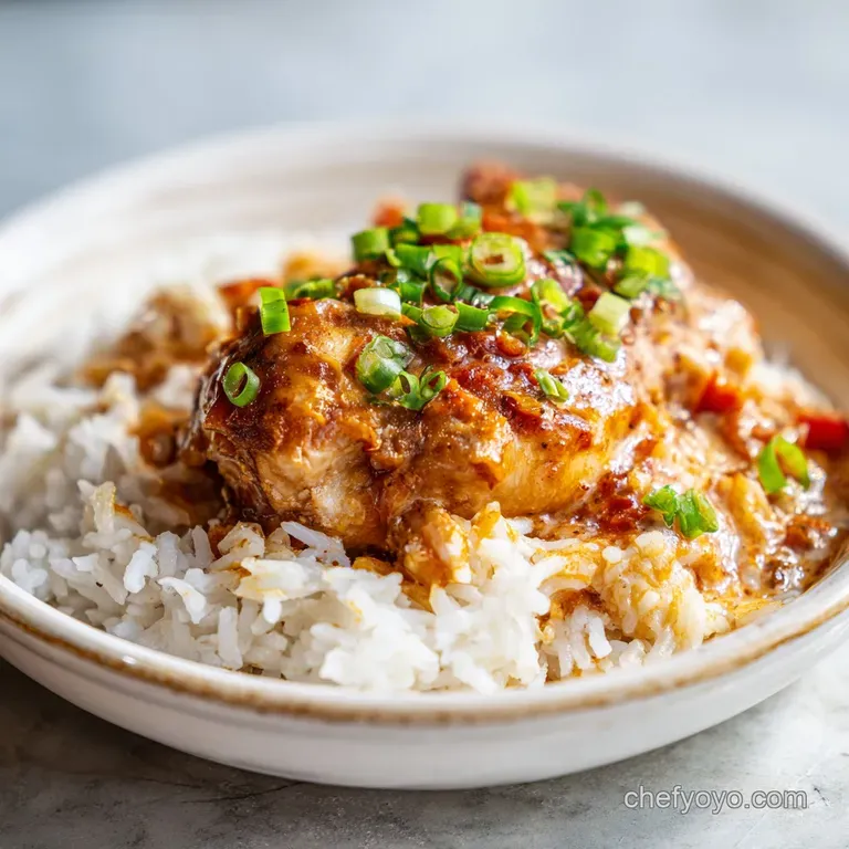Plated portion of chicken and rice, glistening with savory sauce, showcasing the tender, juicy chicken and fluffy rice.