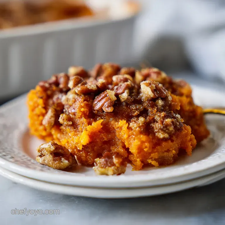 A dollop of fluffy sweet potato casserole with a sweet, candied pecan crust on a white plate.