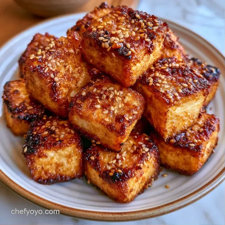 Neatly arranged golden tofu cubes topped with toasted sesame seeds and fresh scallions on a minimalist white plate.