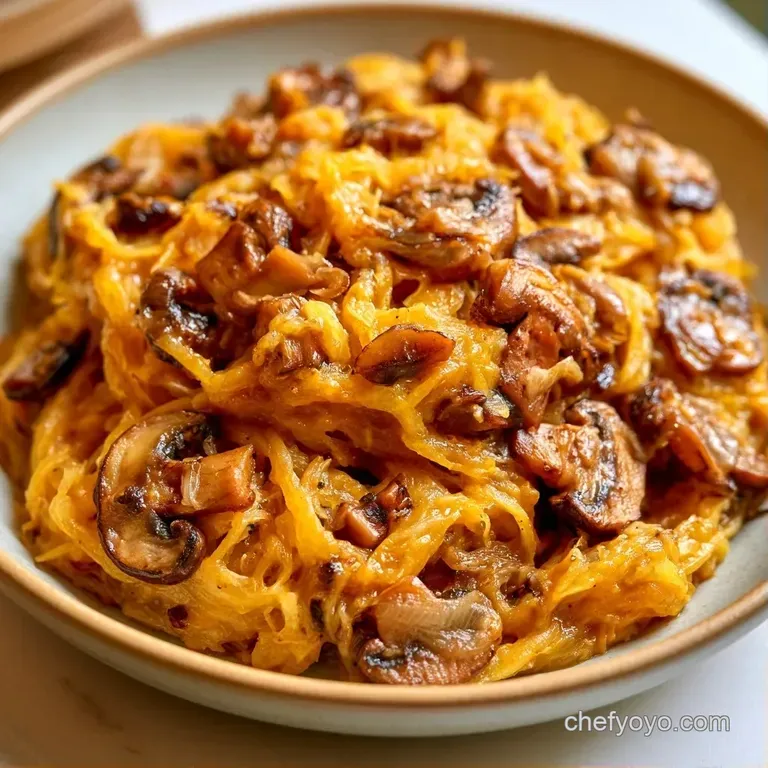 A rustic cast iron pan filled with golden vegetable strands and saut&eacute;ed mushrooms topped with melted parmesan cheese.