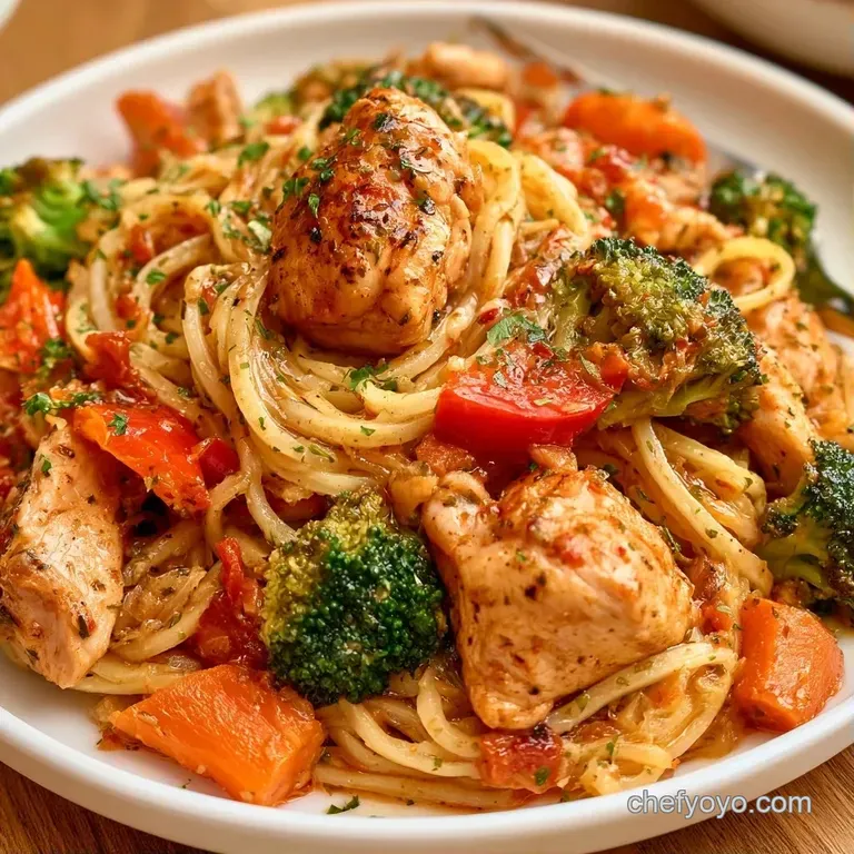 Elegant white bowl holding golden vegetable strands, seared chicken bites, and vibrant peppers with sesame seeds.