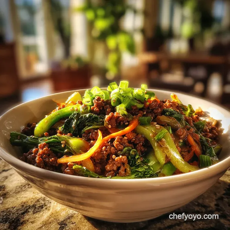 Sizzling ground beef stir-fry on rice, garnished with green onions and sesame seeds. Steam rises, promising a flavorful bite.