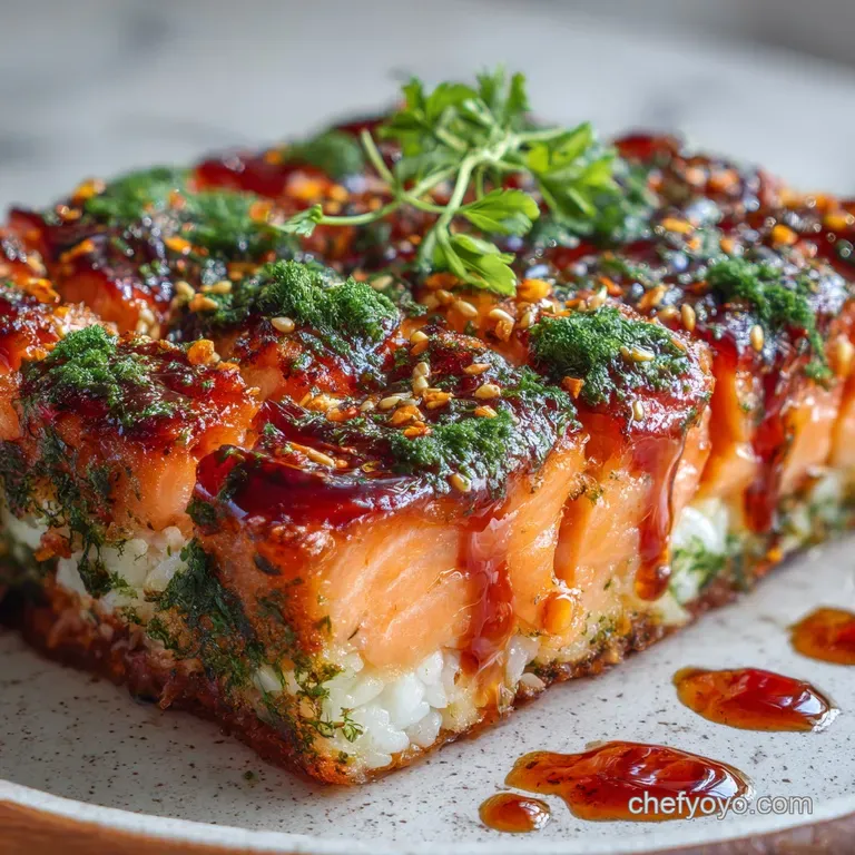Slice of salmon bake on a plate. Layers of glistening salmon, creamy rice, and crispy seaweed, topped with a spicy, vibran...