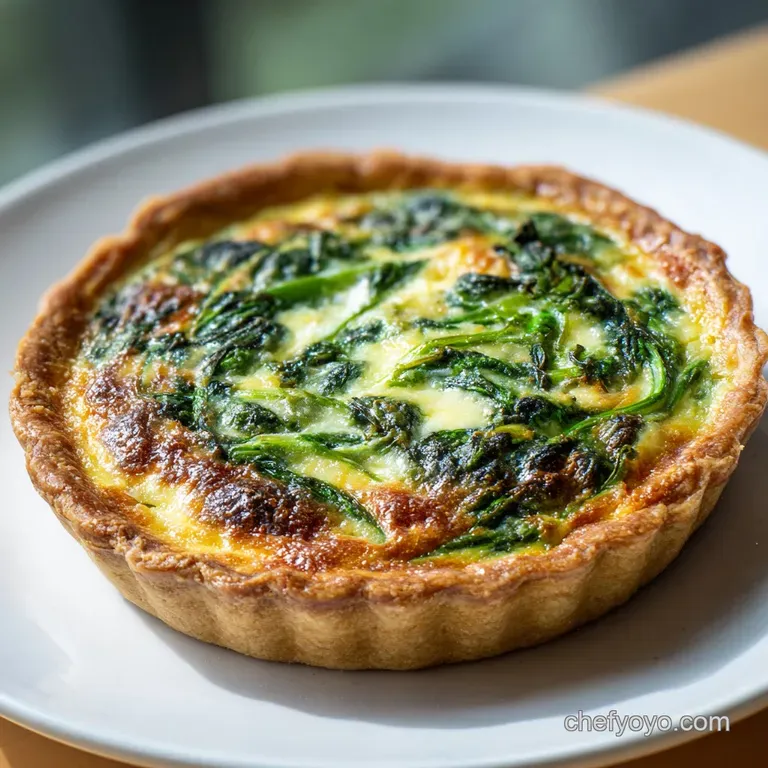 Slice of spinach quiche on white plate. Flaky crust, creamy filling, with fresh thyme sprig. A flavorful, elegant brunch.