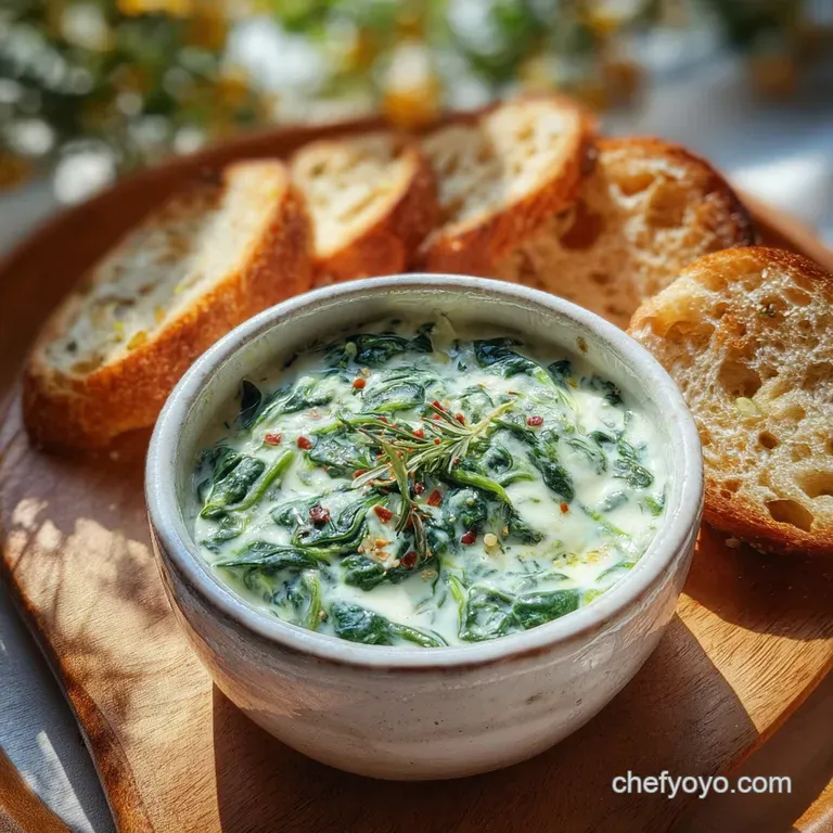 Creamy spinach dip in a rustic dish, garnished with fresh parsley, served with toasted bread arranged artfully on a wooden...