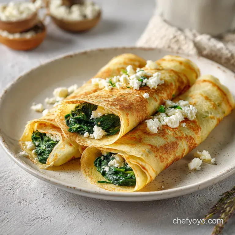 Delicate crepes, stuffed with spinach and feta, artfully arranged on a plate with a side of fresh greens, hint of steam ri...