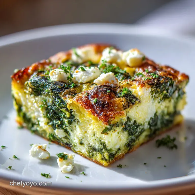 Slice of spinach brunch bake on a white plate; golden crust, creamy filling, side of fresh berries, mimosa glass.