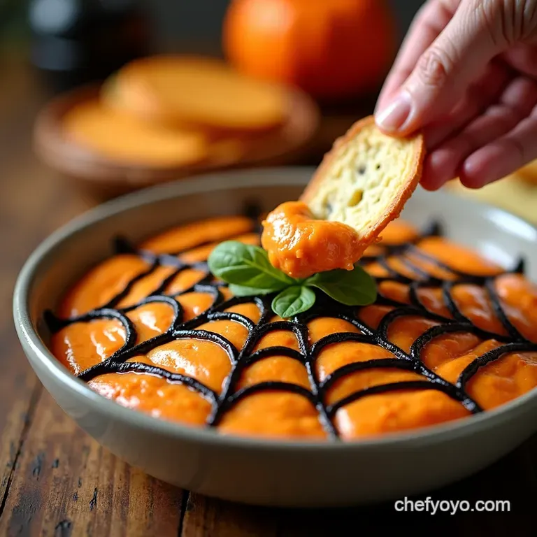 Spooky Spiderweb Dip with Cinnamon Sugar Pita Chips presentation