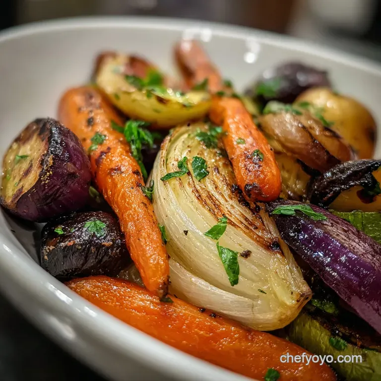 Glossy meat slices plated with colorful roasted vegetables. The dish is elegantly arranged, showcasing textures and vibran...