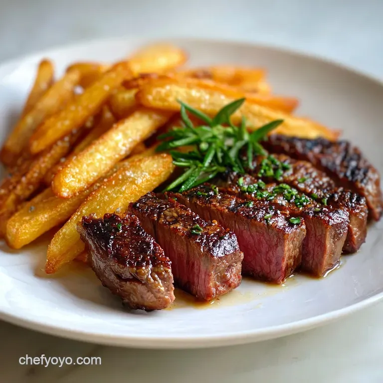Perfectly seared steak slices fanned over crispy fries, drizzled with vibrant green chimichurri. A restaurant-worthy plate!