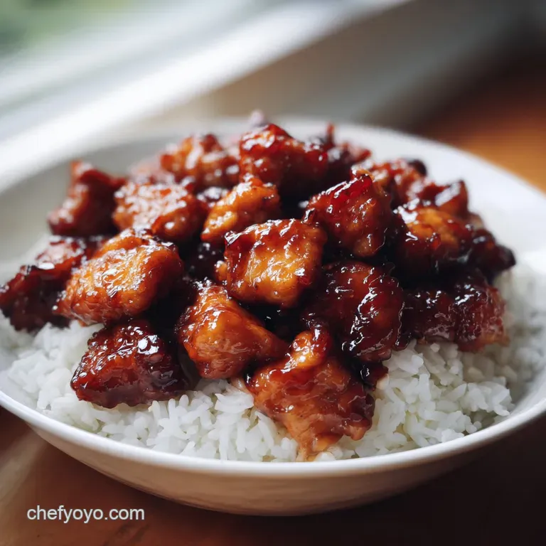Plated bowl of glazed amber chicken and fluffy white rice garnished with sesame seeds on a light grey linen cloth.