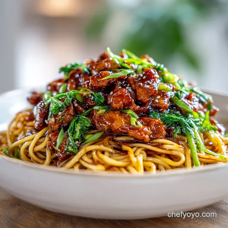 Perfectly portioned noodles with chicken, glistening under studio lights. Sesame seeds add texture and visual interest. Re...