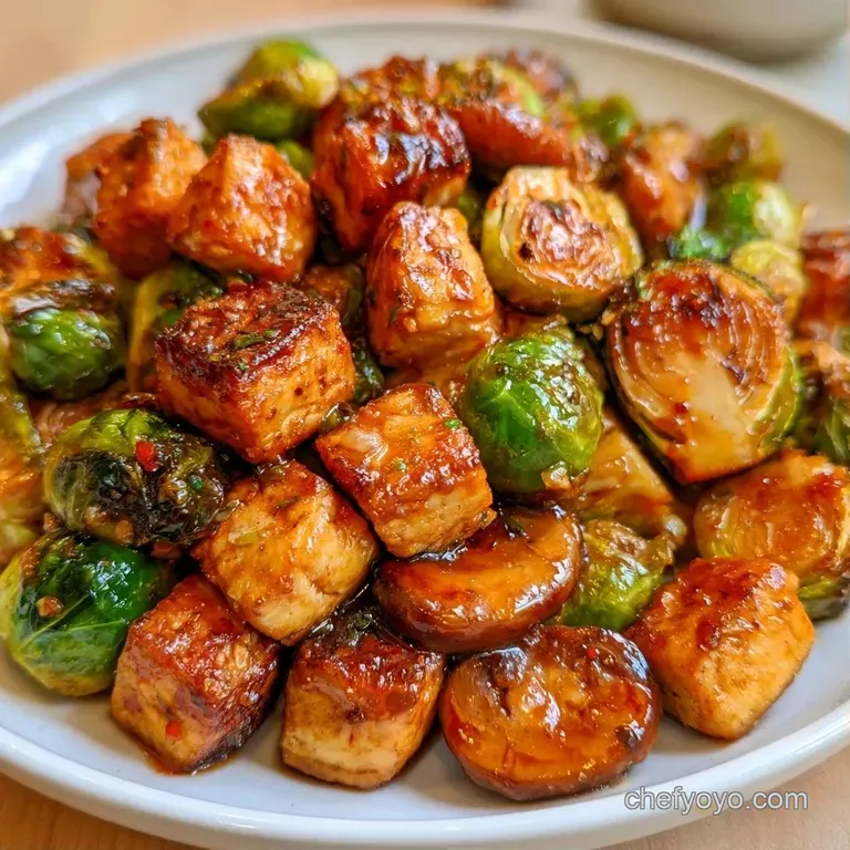 Elegant ceramic bowl featuring seared tofu and roasted green sprouts garnished with toasted sesame seeds.