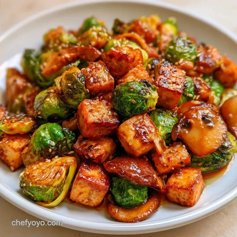 Crispy Stirfry Tofu Brussels Sprouts Mushroom Bowl