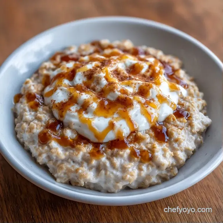 Velvety white oats in a minimalist bowl, elegantly garnished with fresh berries and a swirl of golden maple syrup.