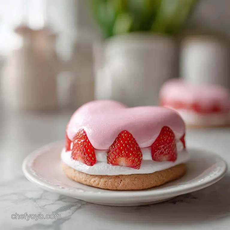A tiered stand displays three perfect pink cookies, each with a subtle, jammy center, artfully arranged.