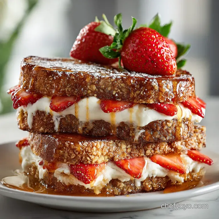 Crisp-edged French toast oozing with creamy filling, adorned with fresh berries and mint, creating an inviting, delectable...