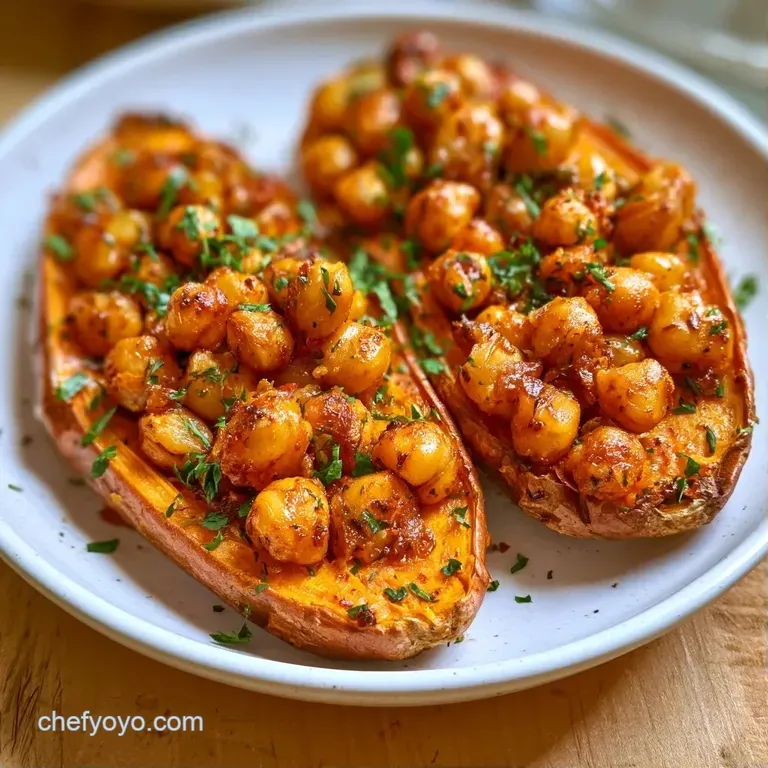 Two charred orange potato halves on a matte ceramic plate, drizzled with ivory sauce and dusted with red paprika.