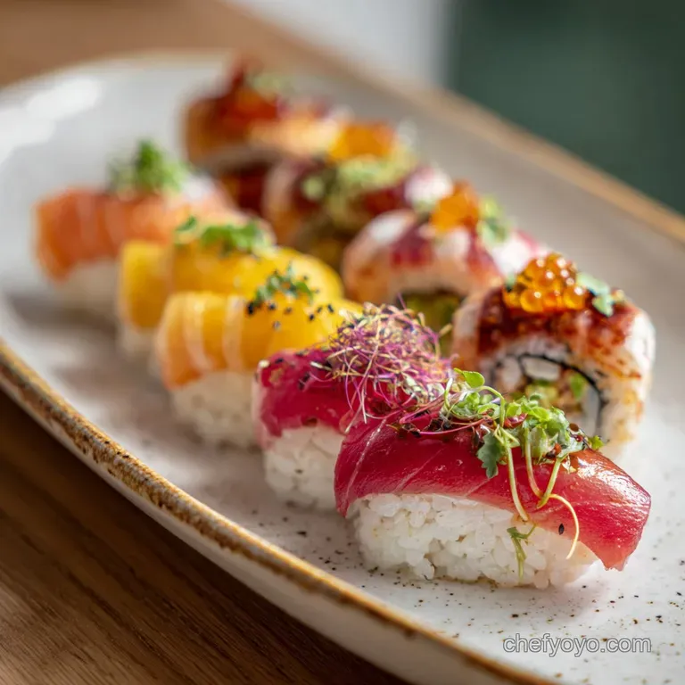 Elegant sushi plate with vibrant colors, textures: glossy fish, pearly rice, crisp seaweed, bright ginger, appealing & fr...