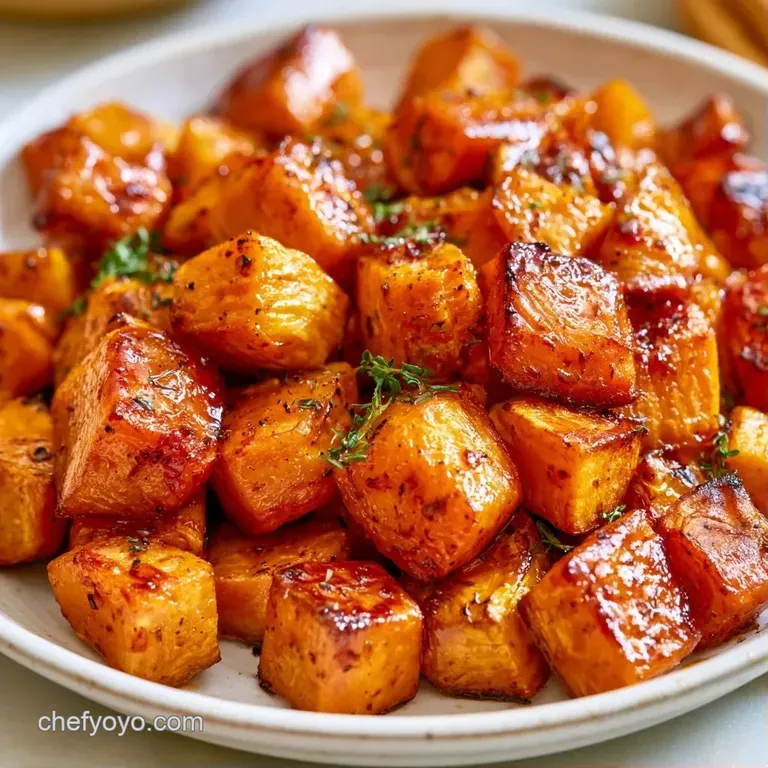 Caramelized potato cubes neatly stacked on a white ceramic plate, garnished with a sprig of fresh green rosemary.