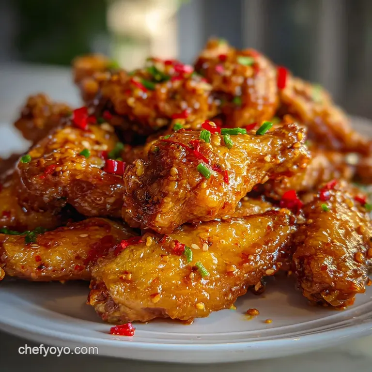 Crispy, reddish-brown chicken wings arranged artfully on a white plate, with a bright green garnish and a dipping sauce.