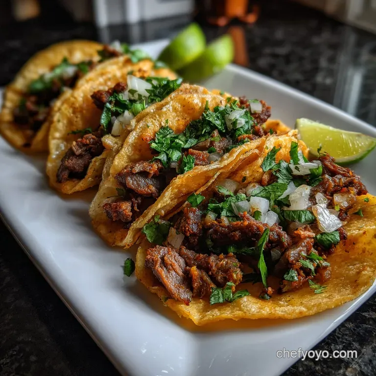 Tacos de Lengua, elegantly arranged on a rustic wooden platter. The rich, mahogany-colored meat is complemented by the fre...