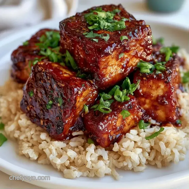 Glossy browned tofu cubes neatly arranged over fluffy brown rice in a white ceramic bowl with fresh green herbs.