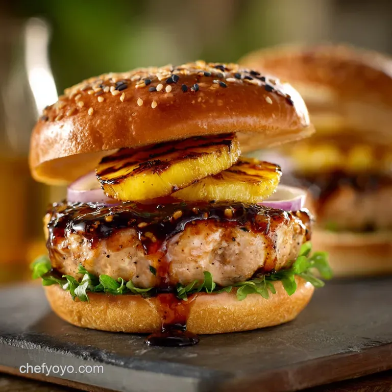 Teriyaki Turkey Burgers with Grilled Pineapple and Sticky Onions Pacific Perfection presentation