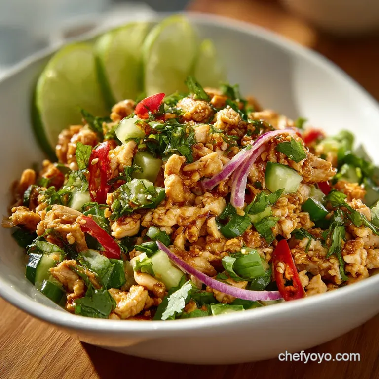 Deconstructed Thai chicken salad. Fresh greens, chicken, lime wedges, and peanut toppings arranged elegantly on a plate.