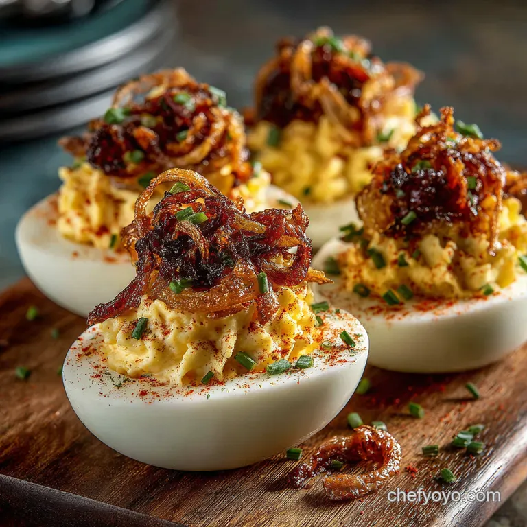The Queens Eggs Deviled Eggs with Crispy Shallots Smoked Paprika presentation