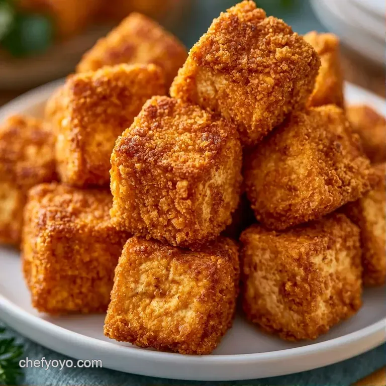 Symmetrically arranged golden tofu cubes on a matte black plate, topped with toasted sesame seeds and microgreens.