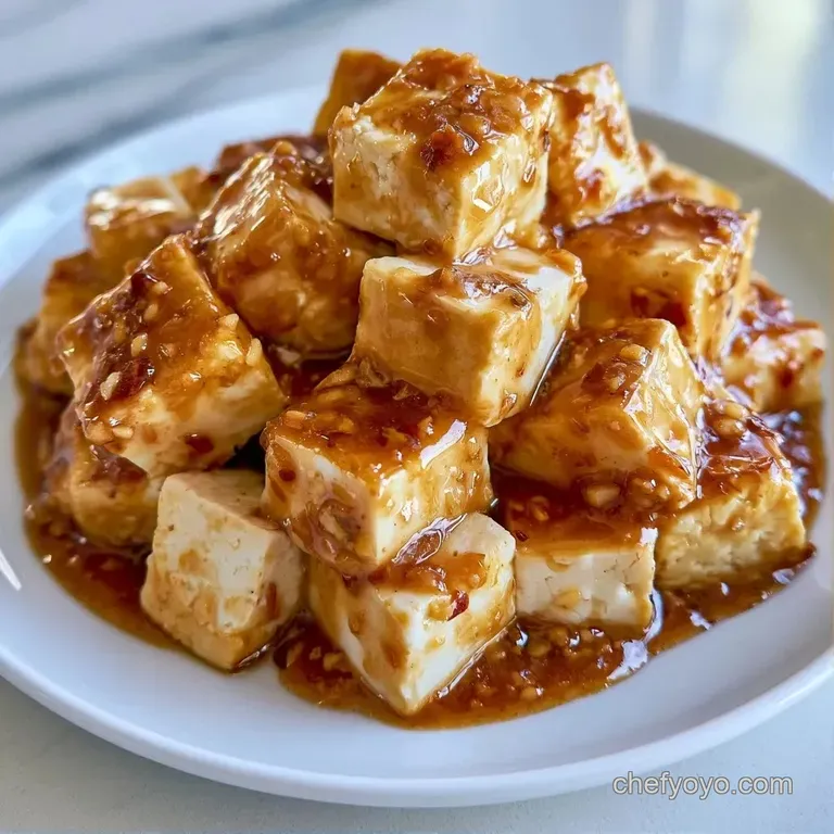 Elegant white bowl featuring glossy tofu in creamy sauce, garnished with sliced scallions and toasted sesame seeds.