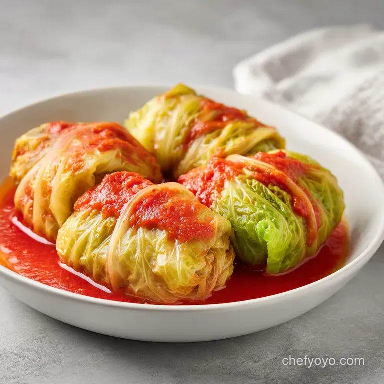 Three tender cabbage rolls arranged on a white ceramic plate, drizzled with vibrant red sauce and fresh parsley.