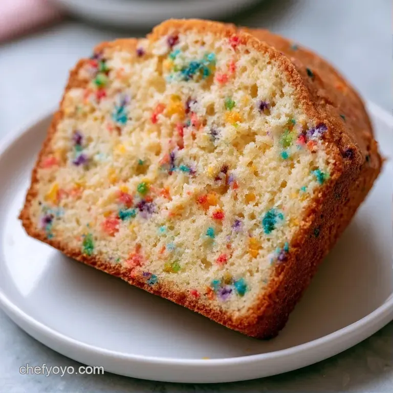 A slice of multicolored cake on a white porcelain plate, accented by a silver fork and colorful sugar pearls.