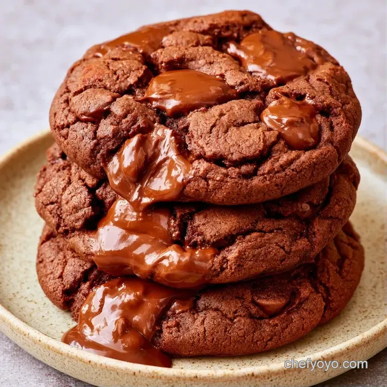 A stack of rich cocoa-colored cookies on a white ceramic plate, accented by a drizzle of melted dark chocolate.