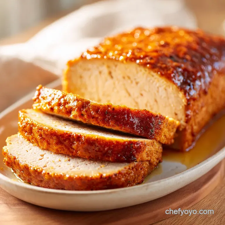Thick slice of savory glazed meatloaf atop buttery mashed potatoes, garnished with a sprig of fresh green parsley.