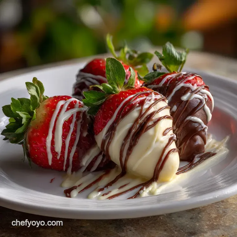 Elegant plate featuring chocolate-covered strawberries, the dark chocolate contrasting beautifully with the white drizzle,...