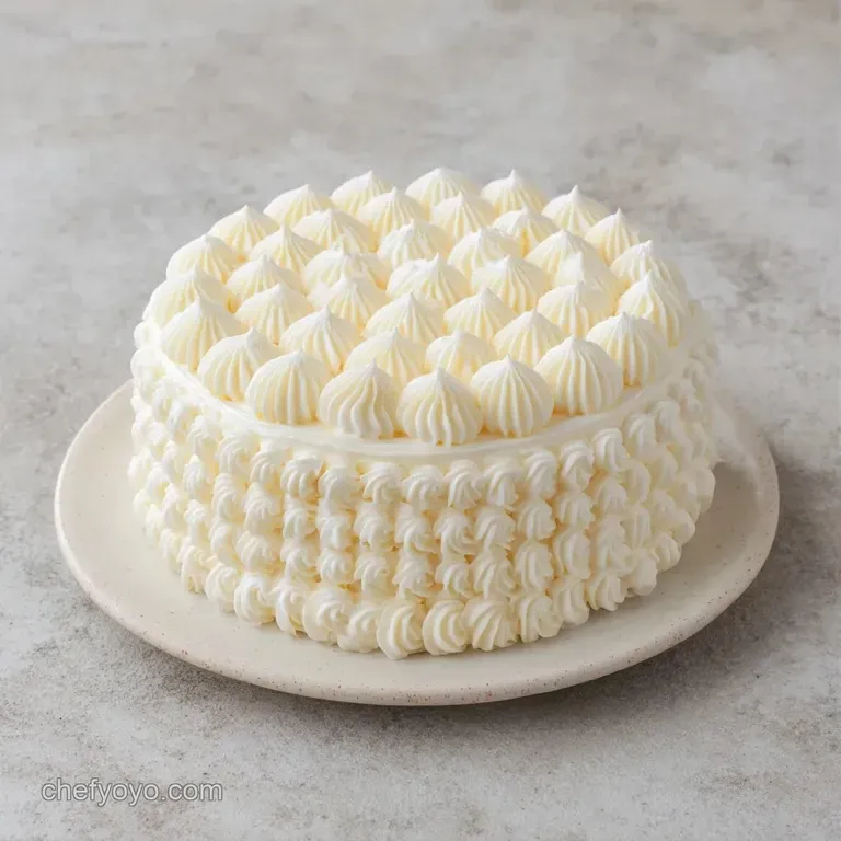 Airy white cake slice topped with neat piping of creamy ivory frosting and gold leaf on a modern porcelain plate.