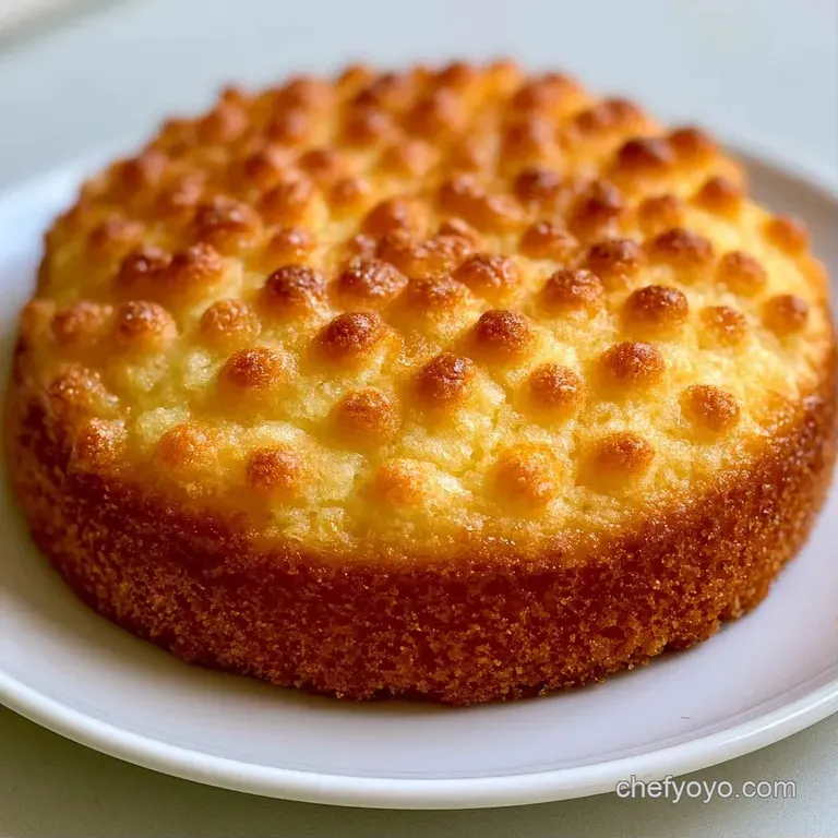 Three golden cake rounds arranged on a white ceramic plate, dusted with powdered sugar and paired with fresh berries.