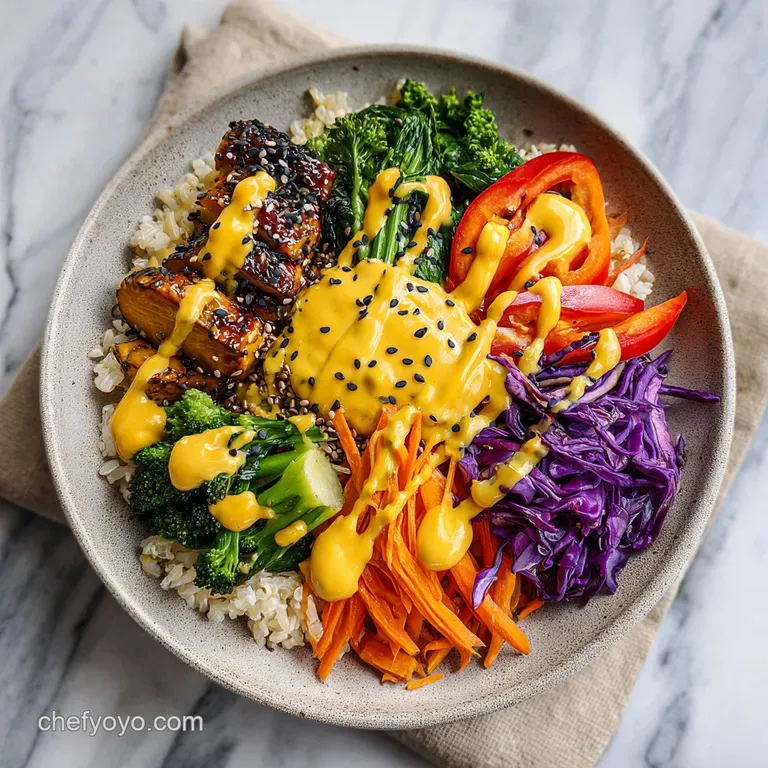 Artfully arranged vegan bowl with vibrant greens, toasted seeds, and a luscious cascade of tahini dressing. Clean, modern ...