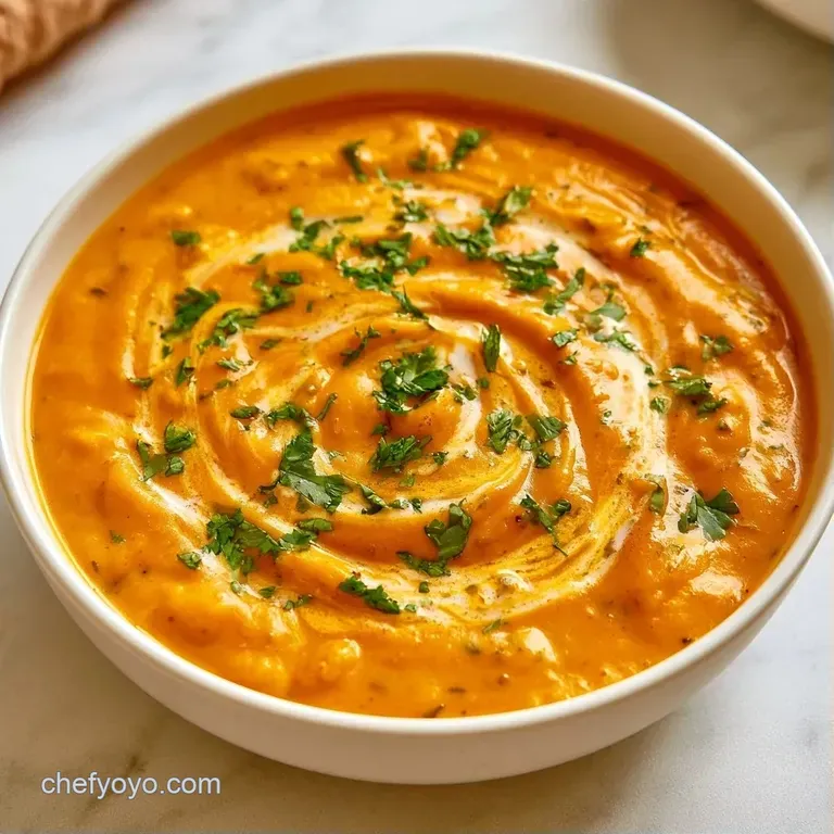 Creamy orange curry in a white bowl topped with fresh cilantro and swirls of coconut milk beside fluffy white rice.