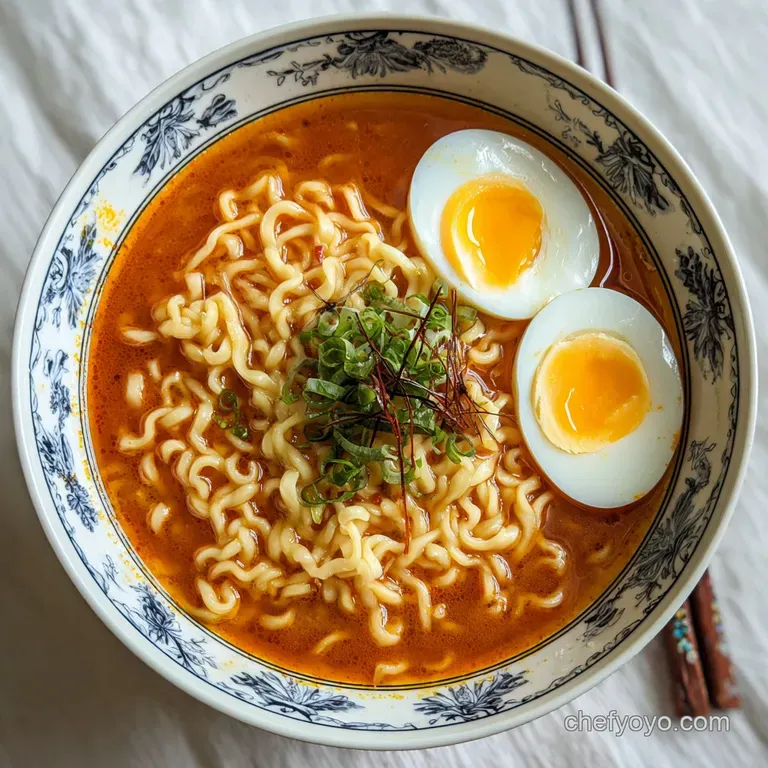 A swirl of saucy ramen, artfully plated with colorful vegetables, textured tofu, and sprinkled sesame seeds. Bright, invit...
