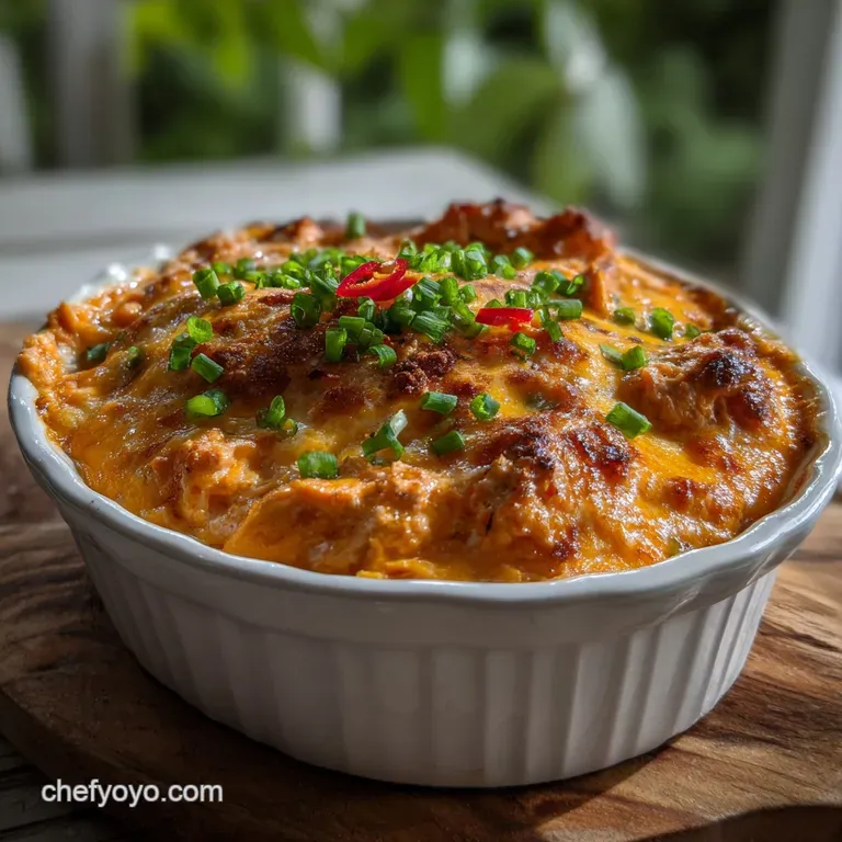 Scoop of creamy dip artfully arranged in a small white bowl, garnished with a drizzle of hot sauce and a sprig of fresh pa...