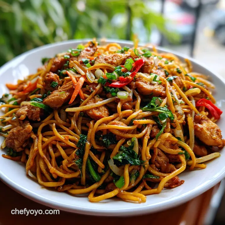Glossy noodles with colorful bell peppers and chicken piled high on a white plate, ready to be enjoyed.