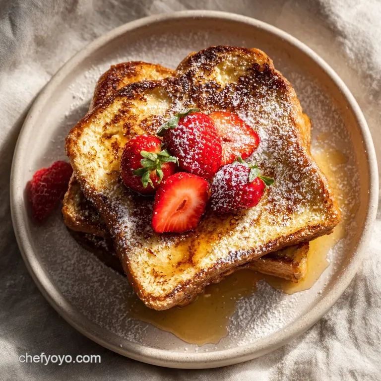 Four slices of golden-brown French toast, drizzled with amber maple syrup and topped with fresh, vibrant blueberries and r...