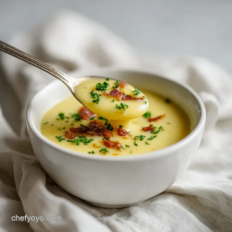 A steaming bowl of smooth potato soup, garnished with crispy bacon bits and fresh parsley sprigs.