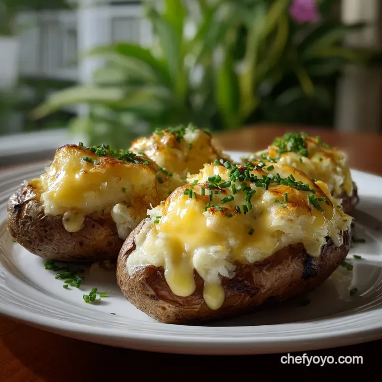 Two twice-baked potato halves arranged artfully on a white plate, steam rising gently, a sprinkle of paprika adding vibran...