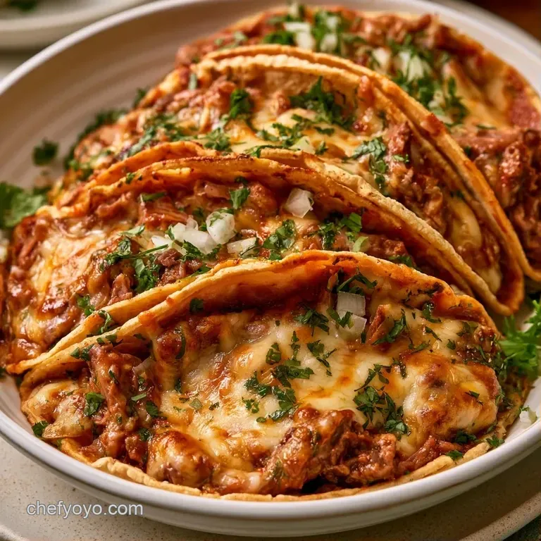 Three golden-brown tacos folded over melted cheese and shredded meat, paired with bright green cilantro and lime.