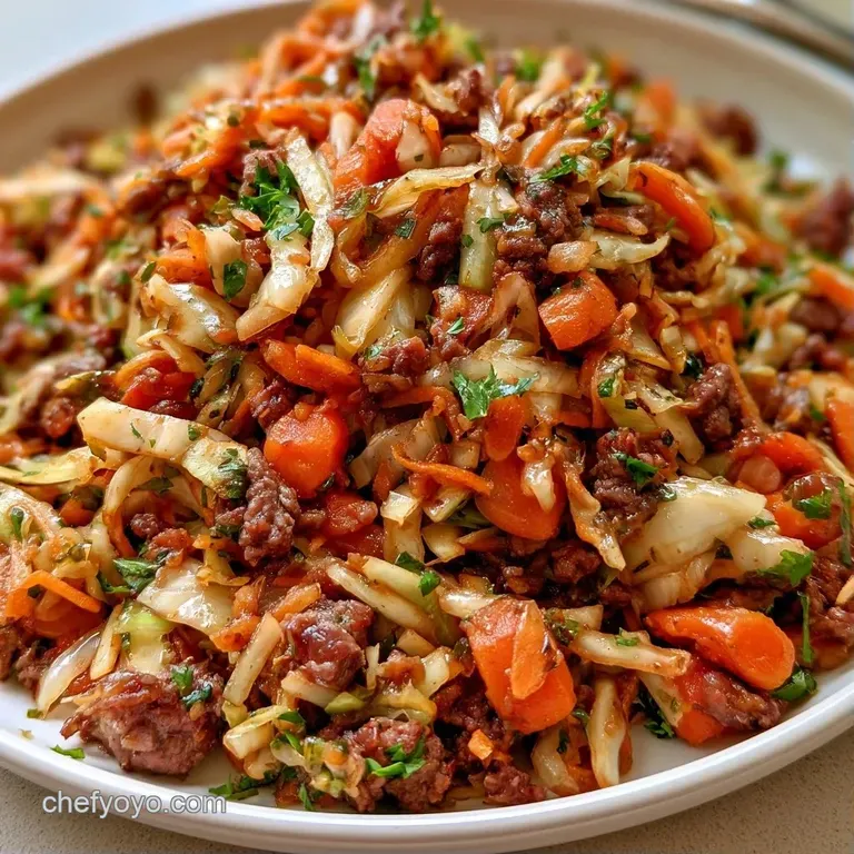 Vibrant stir-fry of savory ground meat and shredded cabbage topped with fresh green onions and toasted sesame seeds.